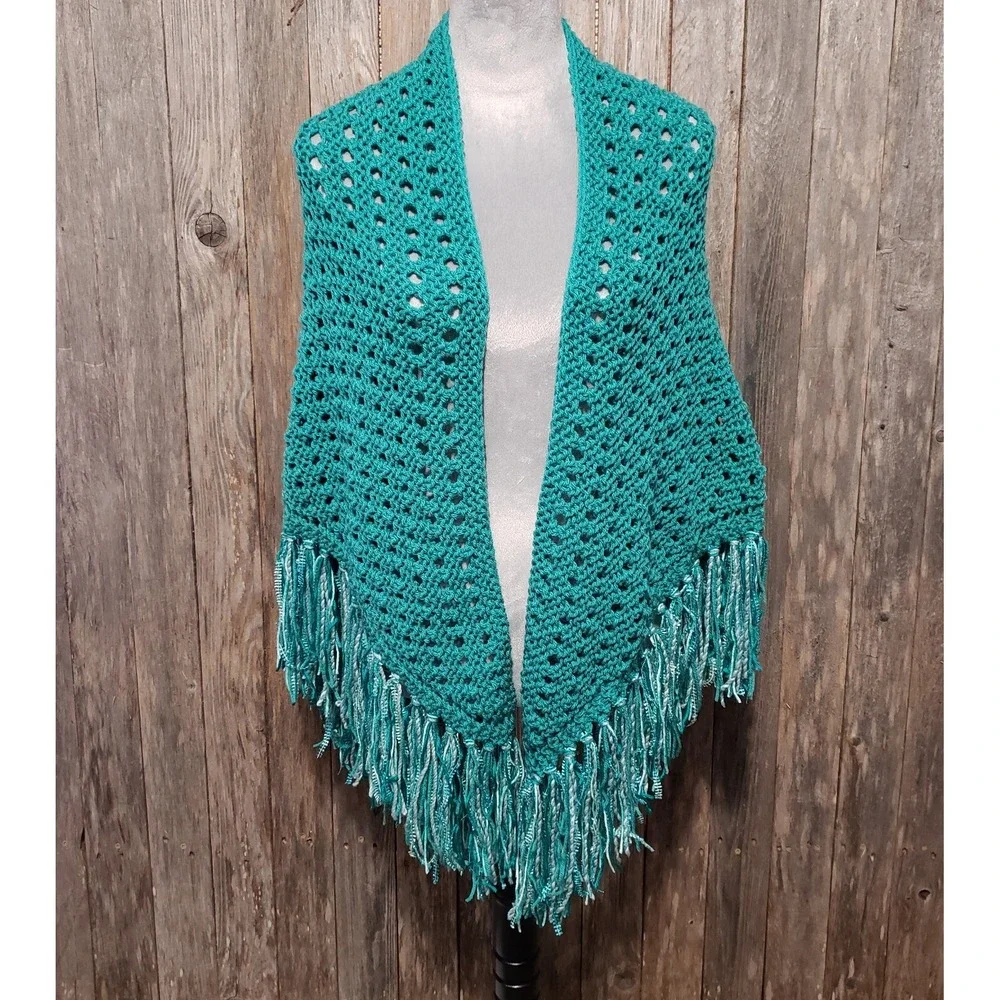 NEW Jade‎ Green Shawl Scarf Wrap Boho Eyelet Hand Knit Coastal Coquette Fairy